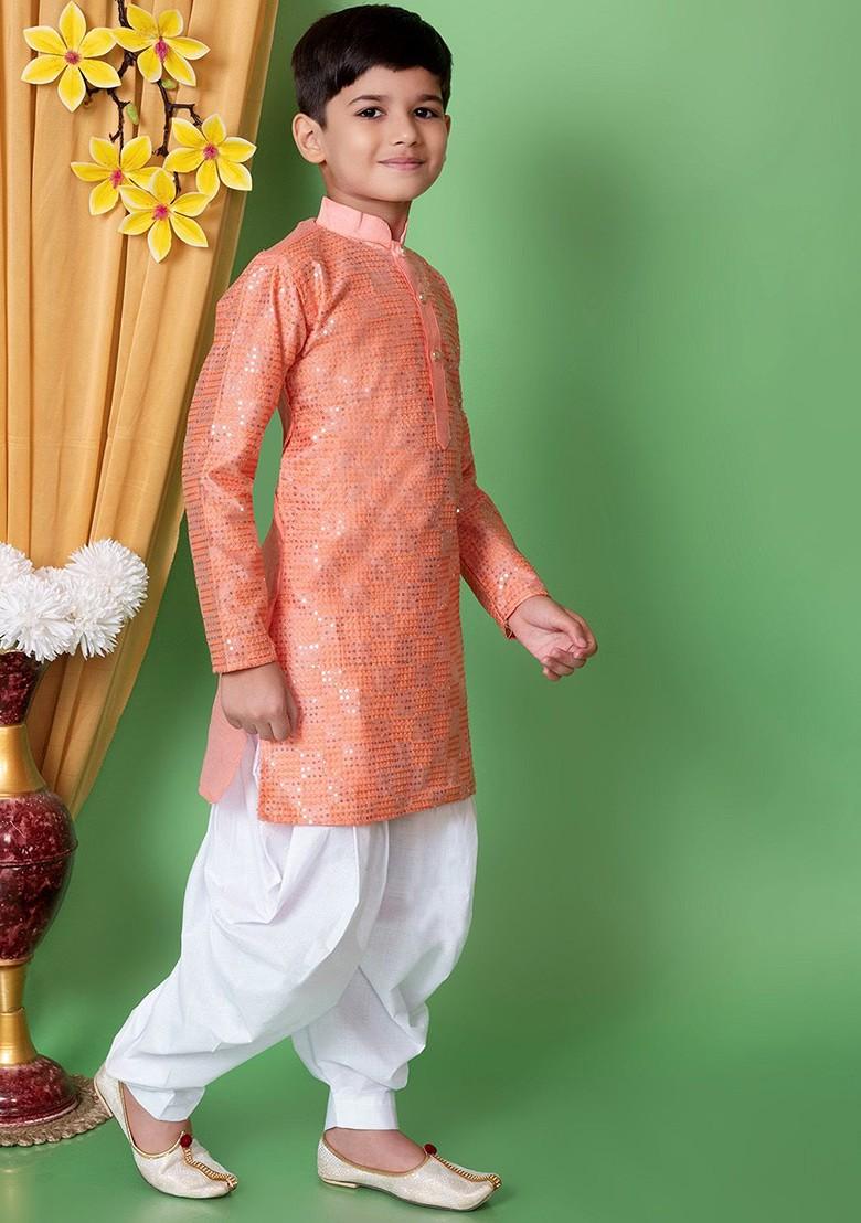 Peach Embroidered Silk Kurta Set For Boys - Indya
