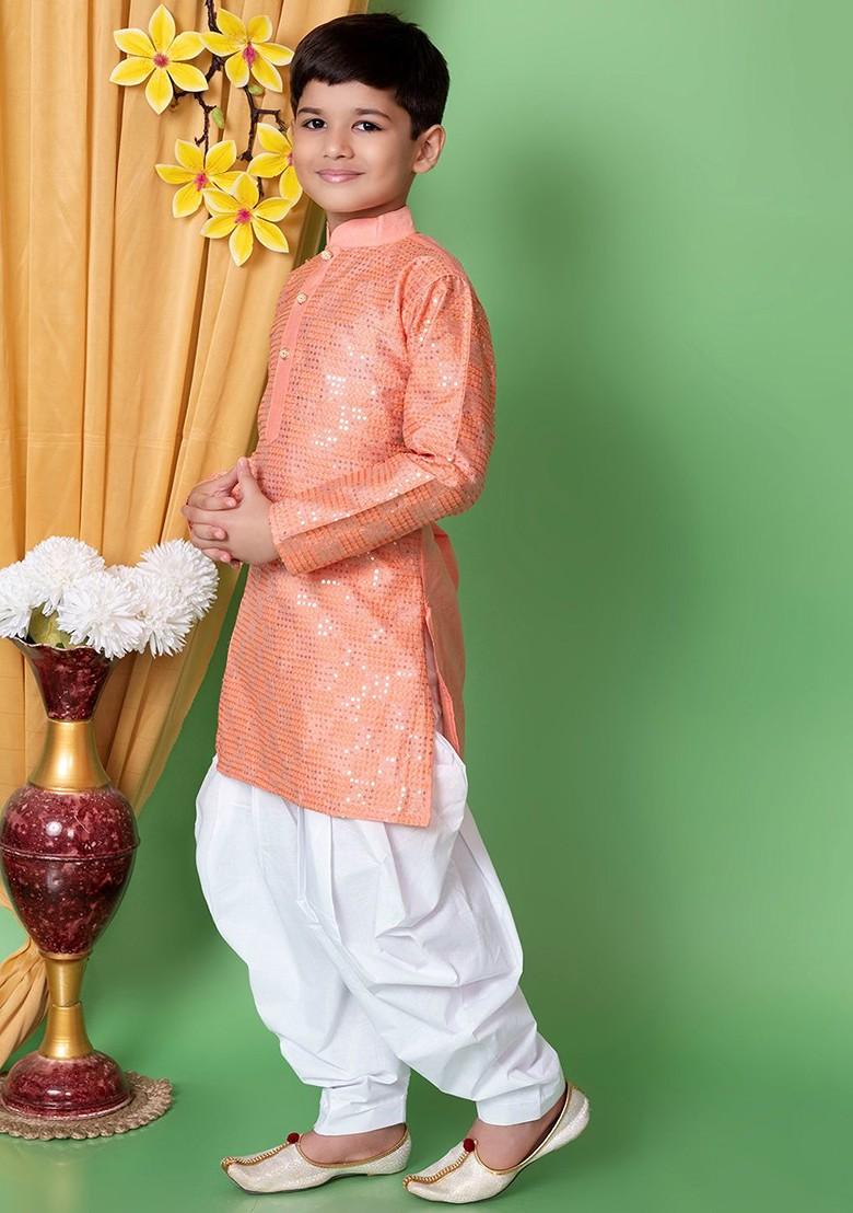 Peach Embroidered Silk Kurta Set For Boys - Indya