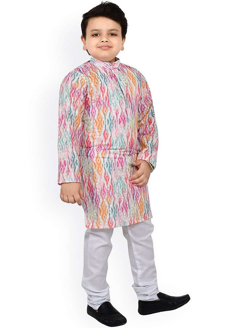 Pink Printed Blended Kurta Set For Boys - Indya