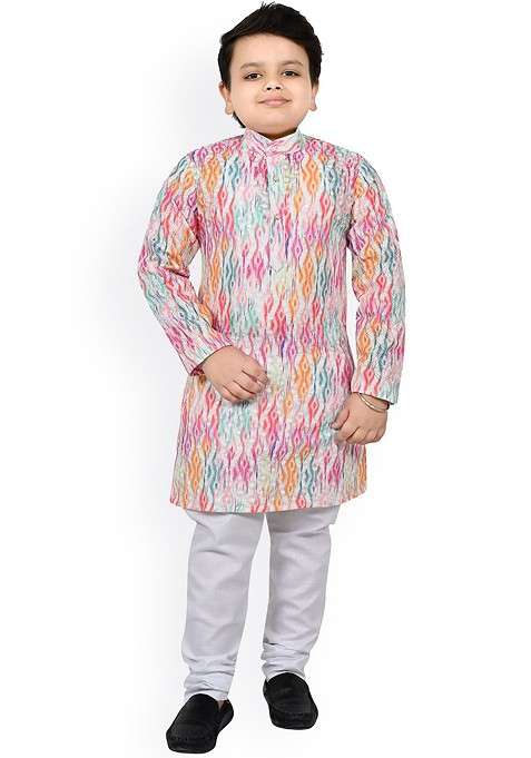 Pink Printed Blended Kurta Set For Boys