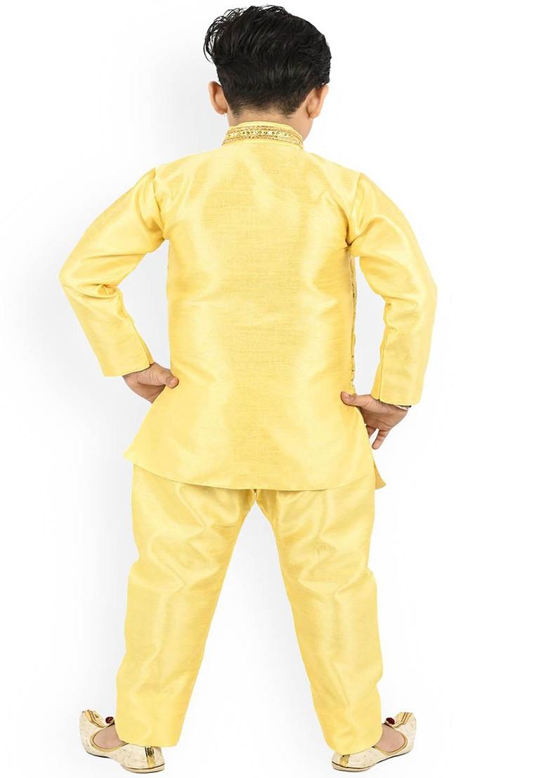 Yellow Embroidered Blended Kurta Set For Boys - Indya
