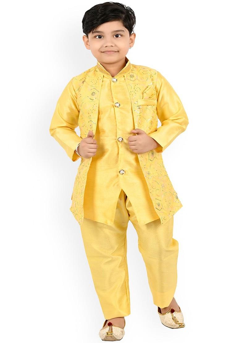 Yellow Embroidered Blended Kurta Set For Boys - Indya
