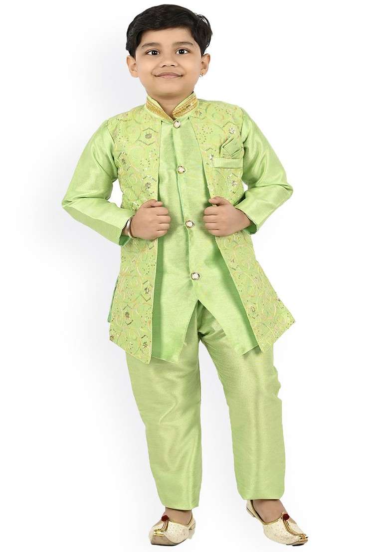 Lime Green Woven Design Blended Kurta Set For Boys - Indya