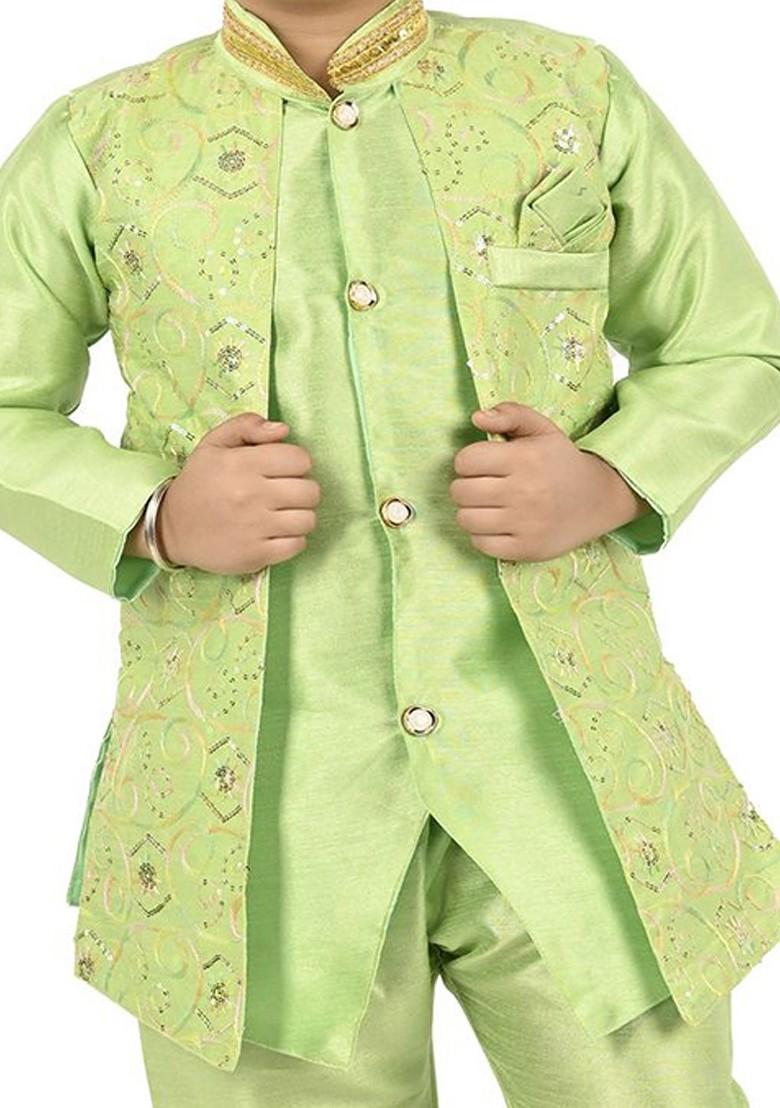Lime Green Woven Design Blended Kurta Set For Boys - Indya
