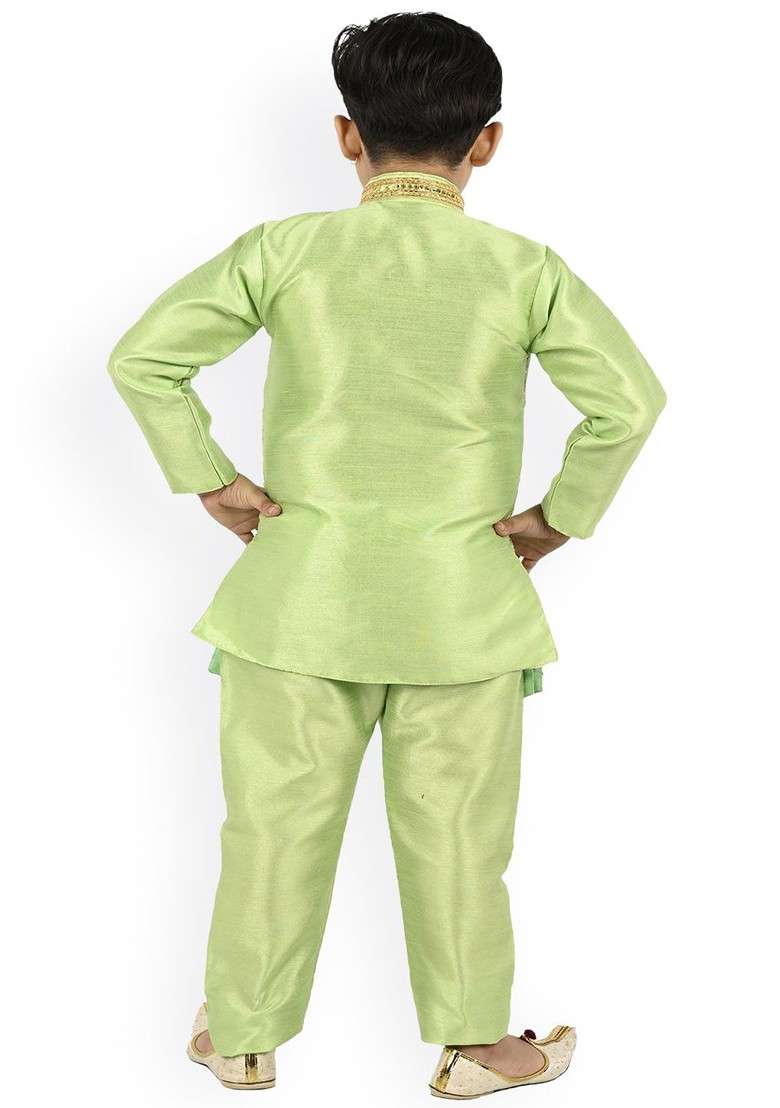 Lime Green Woven Design Blended Kurta Set For Boys - Indya