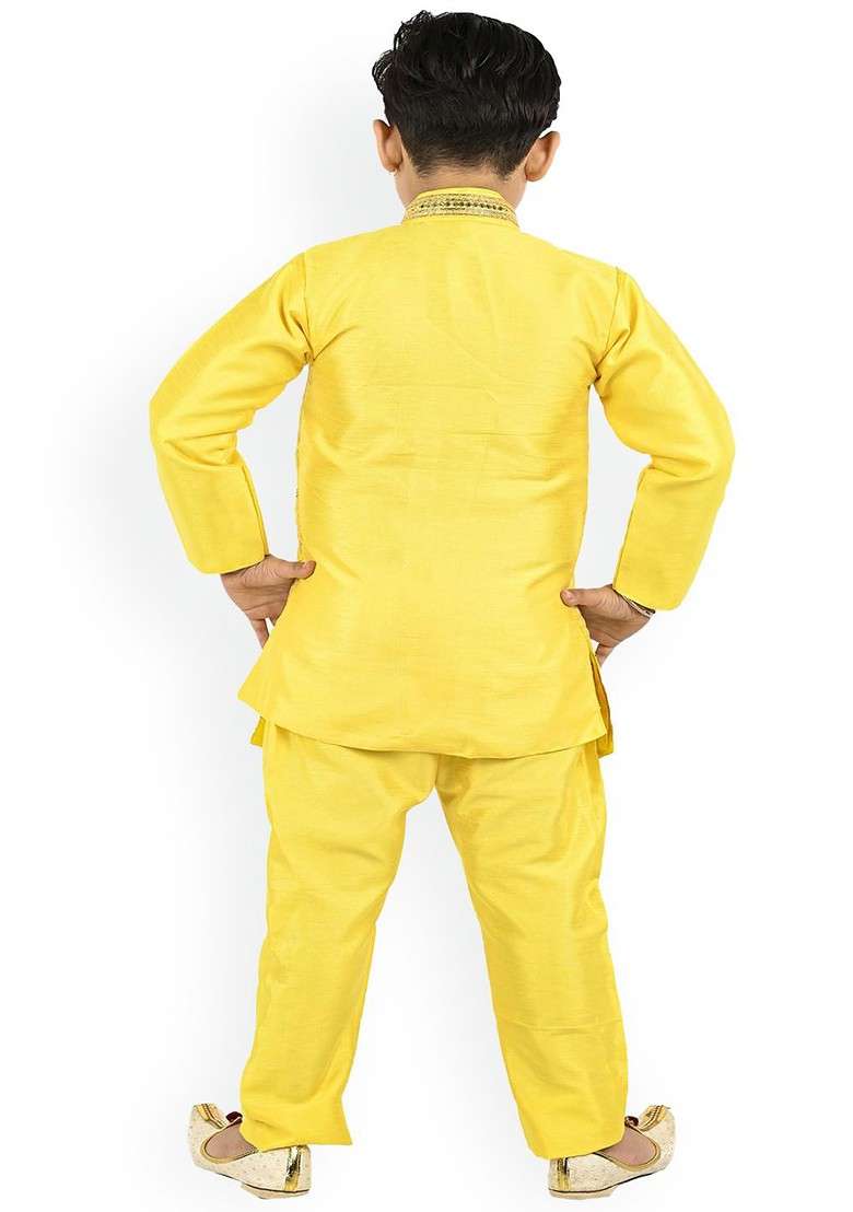 Yellow Embroidered Blended Kurta Set For Boys - Indya