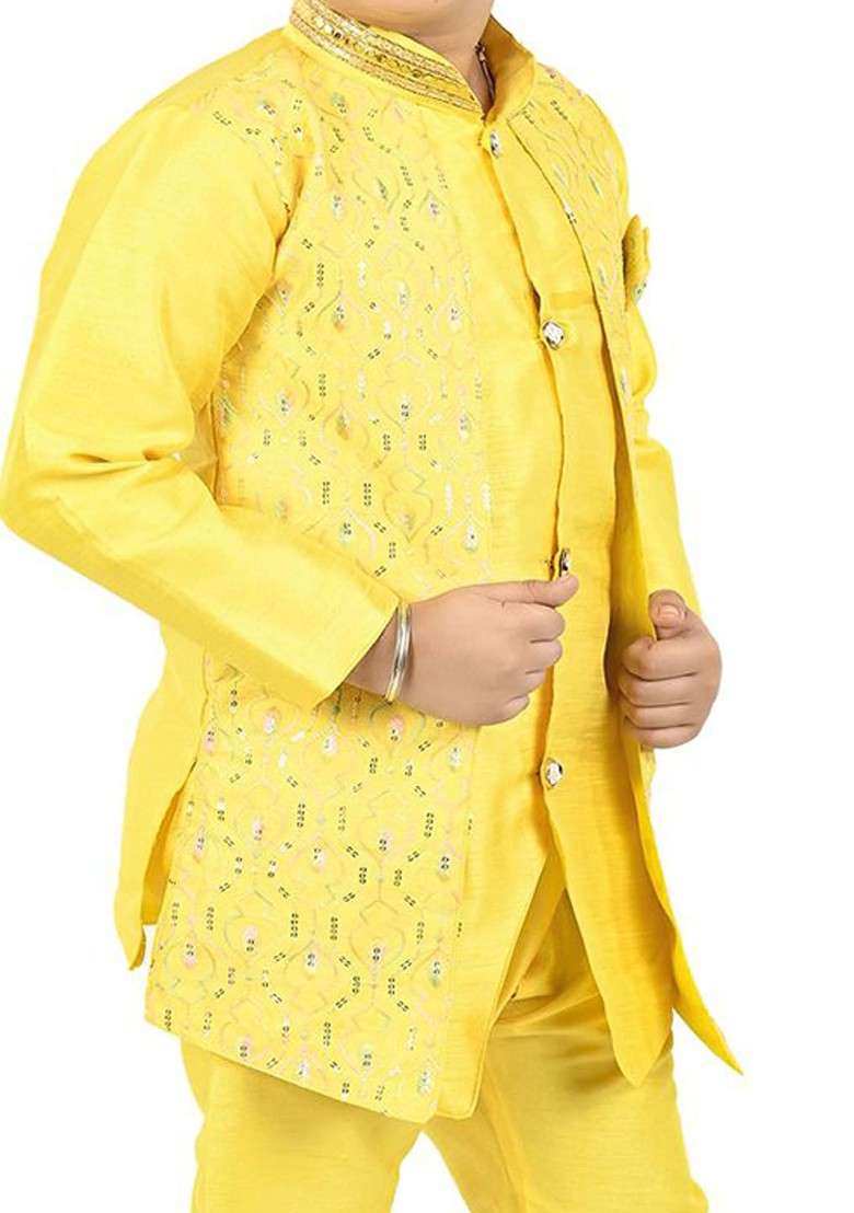 Yellow Embroidered Blended Kurta Set For Boys - Indya