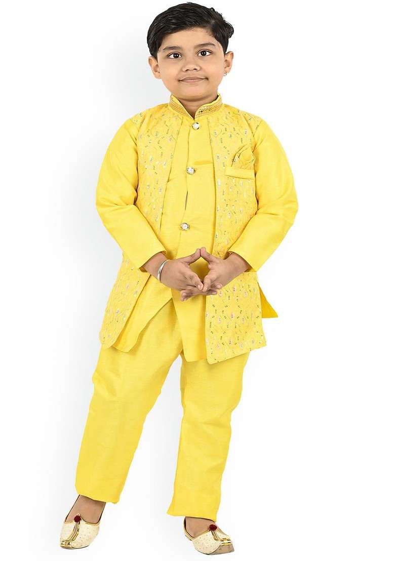 Yellow Embroidered Blended Kurta Set For Boys - Indya