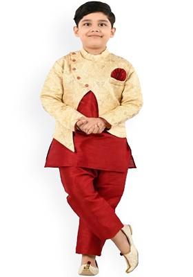 Red Embroidered Blended Kurta Set For Boys