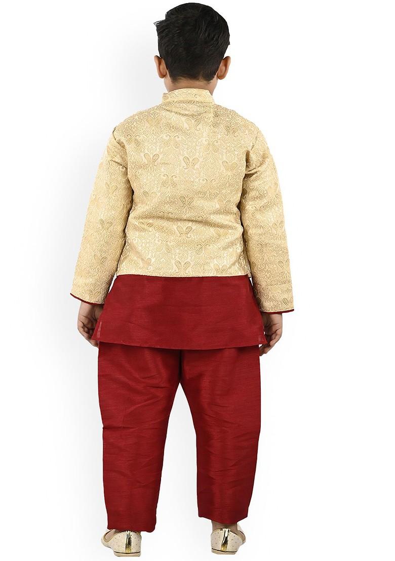Red Embroidered Blended Kurta Set For Boys - Indya