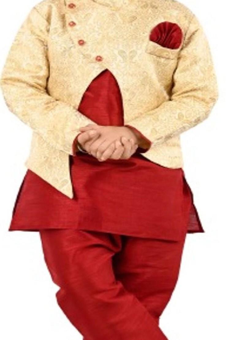 Red Embroidered Blended Kurta Set For Boys - Indya