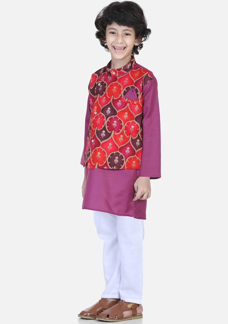Purple Printed Blended Kurta Set For Boys - Indya