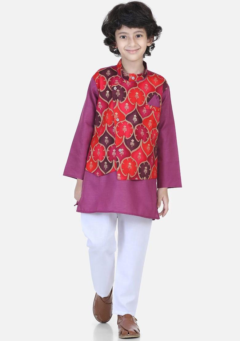 Purple Printed Blended Kurta Set For Boys - Indya