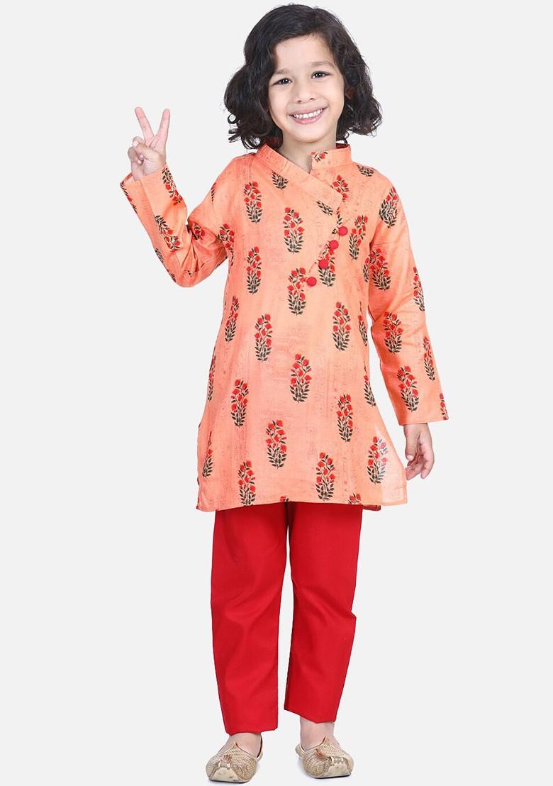 Peach Printed Cotton Kurta Set For Boys - Indya