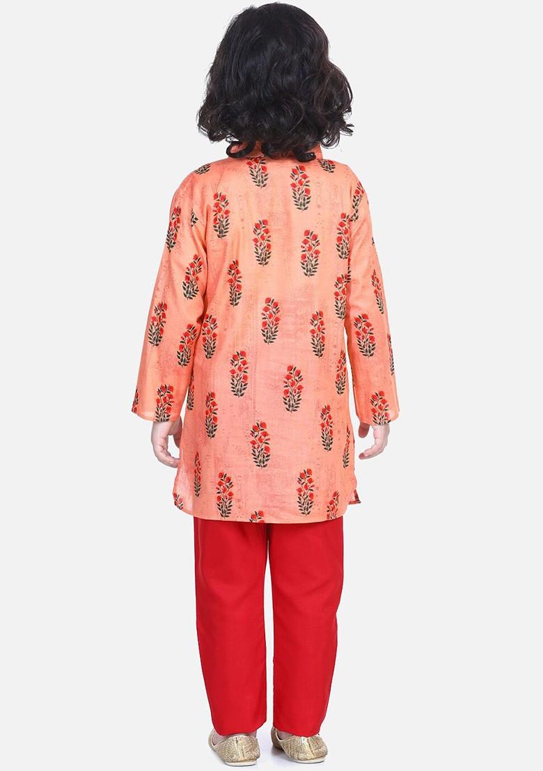 Peach Printed Cotton Kurta Set For Boys - Indya
