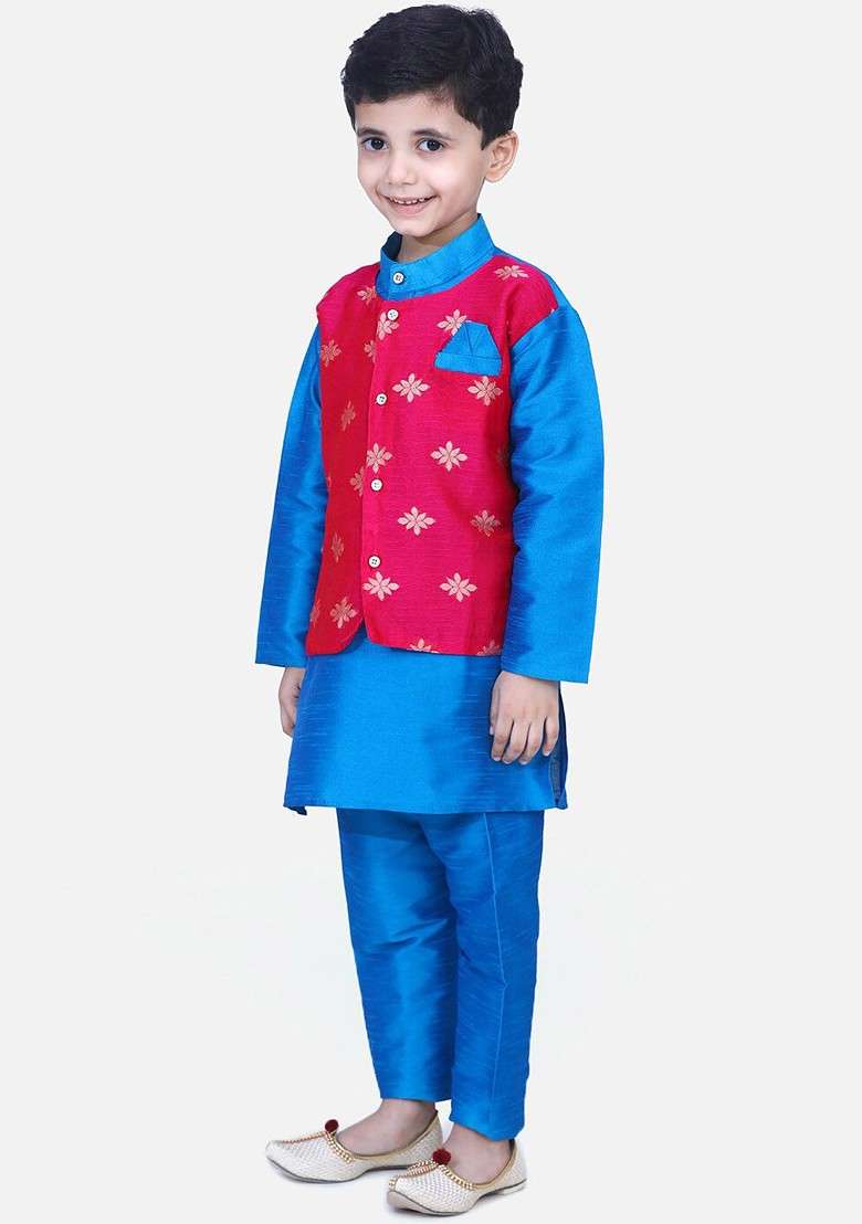 Blue Printed Blended Kurta Set For Boys - Indya