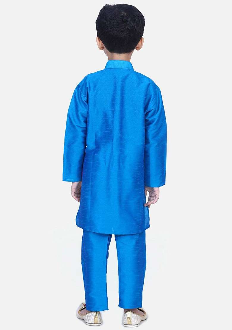 Blue Printed Blended Kurta Set For Boys - Indya
