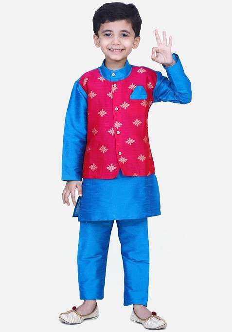 Blue Printed Blended Kurta Set For Boys