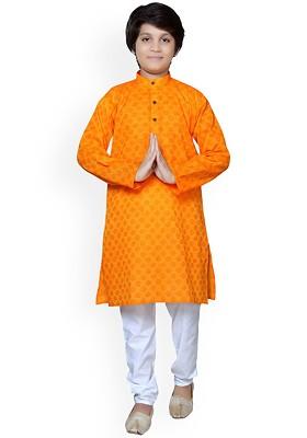 Yellow Woven Design Cotton Kurta Set For Boys