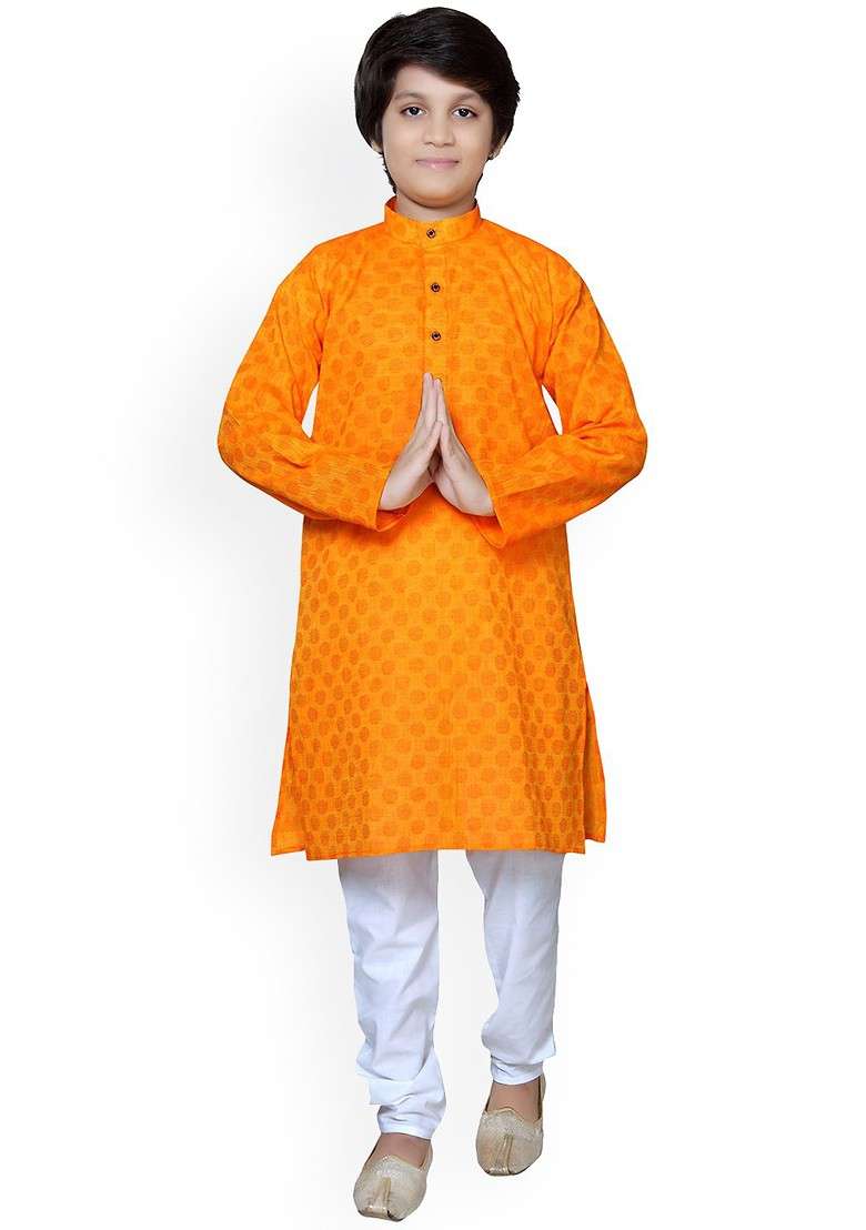 Yellow Woven Design Cotton Kurta Set For Boys - Indya