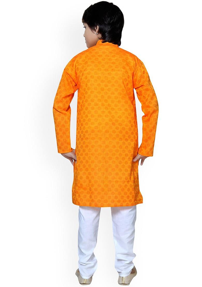 Yellow Woven Design Cotton Kurta Set For Boys - Indya