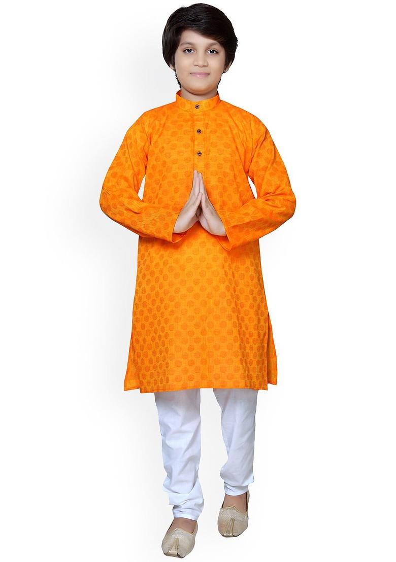 Yellow Woven Design Cotton Kurta Set For Boys - Indya