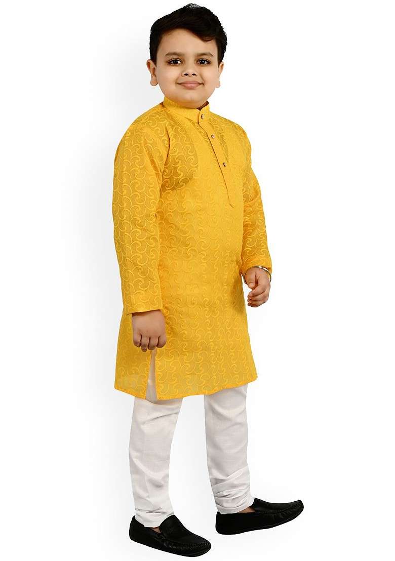 Yellow Embroidered Blended Kurta Set For Boys - Indya