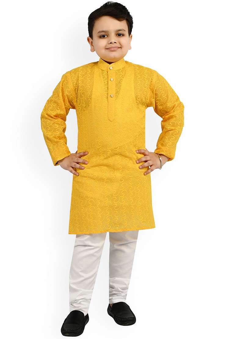 Yellow Embroidered Blended Kurta Set For Boys - Indya