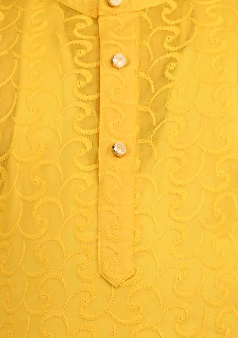 Yellow Embroidered Blended Kurta Set For Boys - Indya