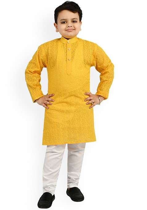Yellow Embroidered Blended Kurta Set For Boys