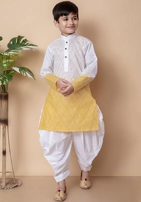 Yellow Colourblocked Blended Kurta Set For Boys