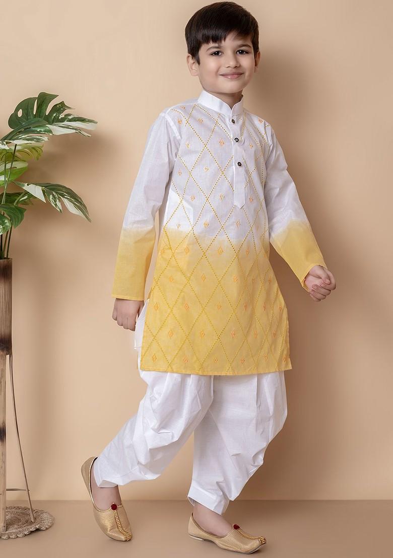Yellow Colourblocked Blended Kurta Set For Boys - Indya
