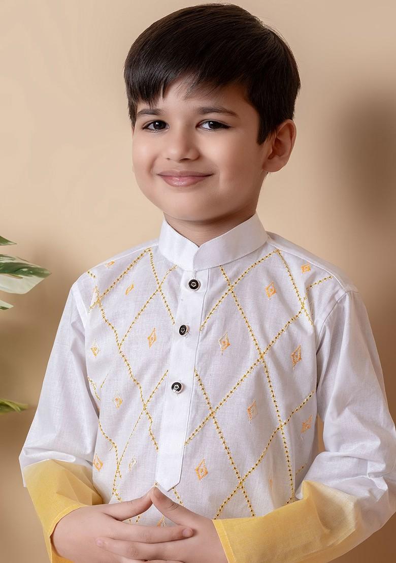 Yellow Colourblocked Blended Kurta Set For Boys - Indya