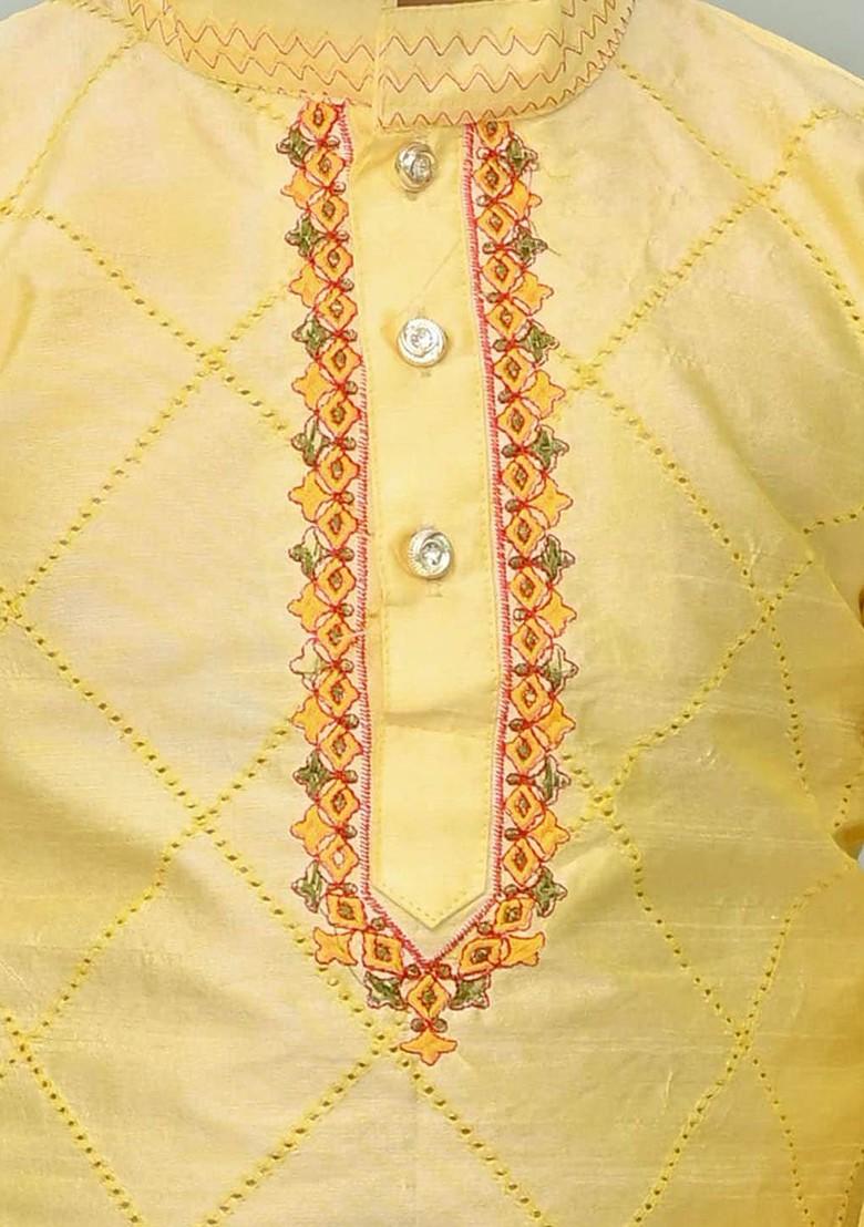 Beige Embroidered Silk Kurta Set For Boys - Indya