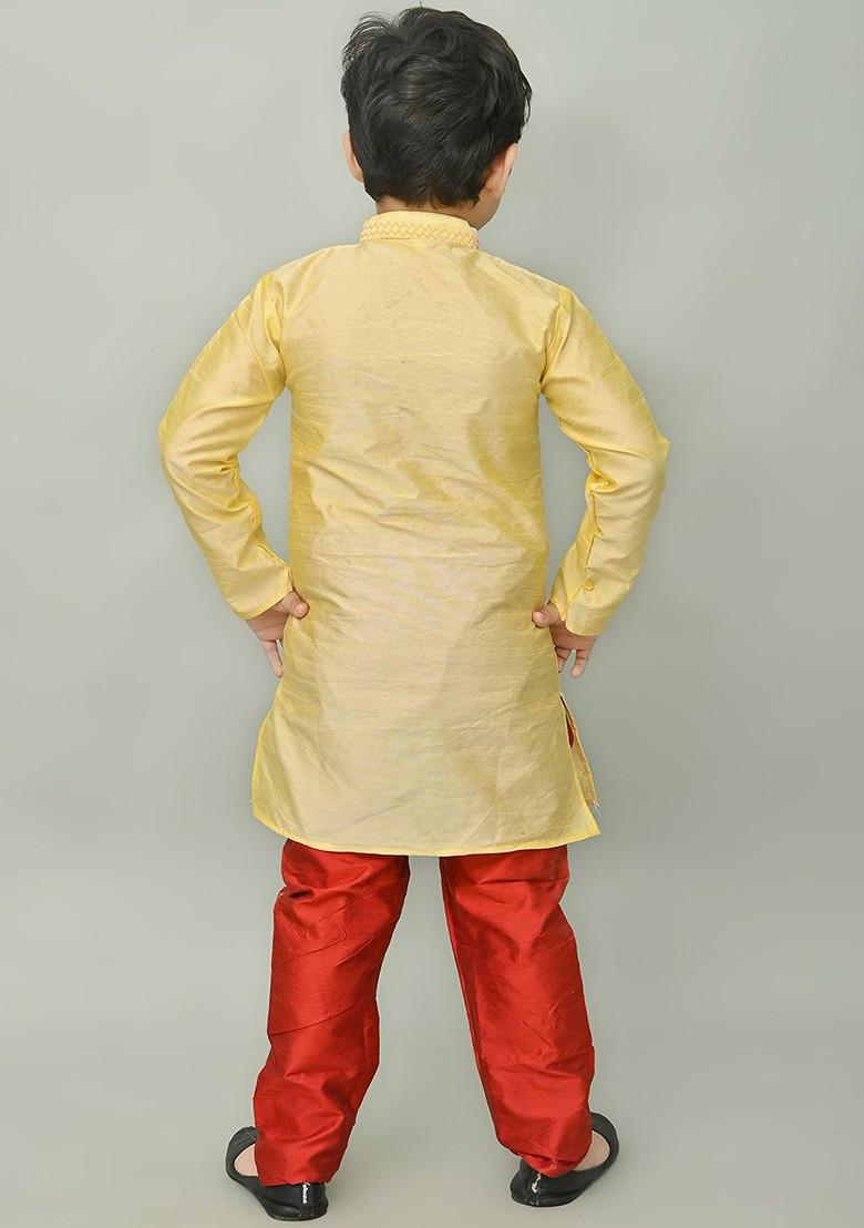 Beige Embroidered Silk Kurta Set For Boys - Indya