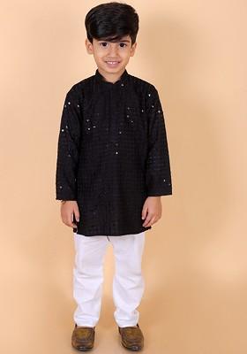 Black Embroidered Cotton Kurta Set For Boys