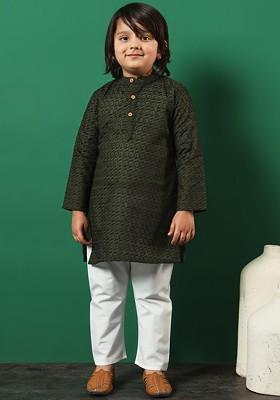 Green Embroidered Cotton Kurta Set For Boys