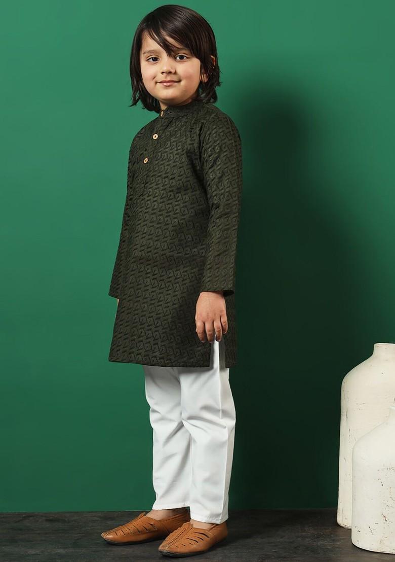 Green Embroidered Cotton Kurta Set For Boys - Indya