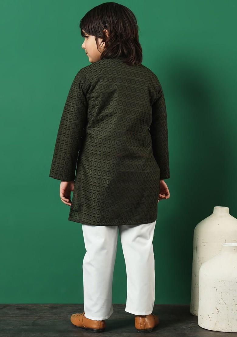 Green Embroidered Cotton Kurta Set For Boys - Indya