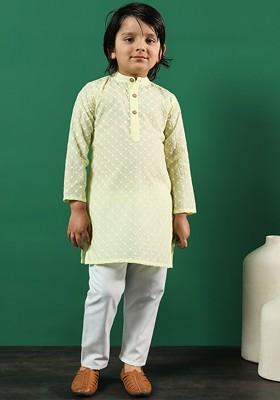 Yellow Embroidered Cotton Kurta Set For Boys