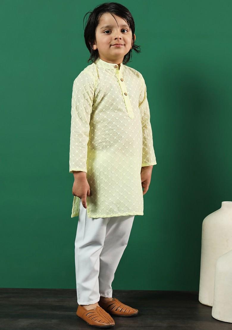 Yellow Embroidered Cotton Kurta Set For Boys - Indya