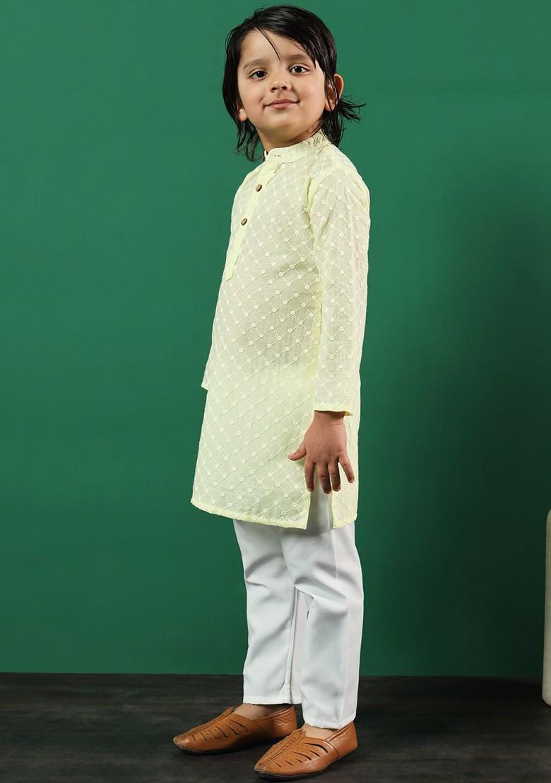 Yellow Embroidered Cotton Kurta Set For Boys - Indya