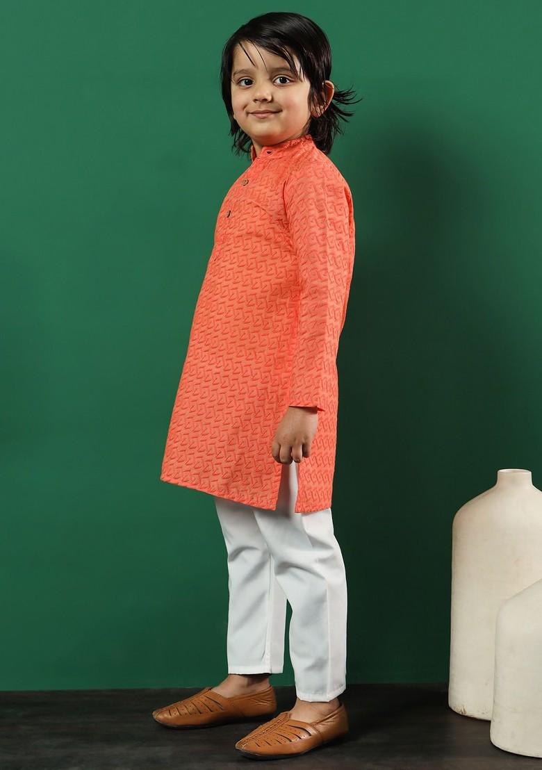Orange Embroidered Cotton Kurta Set For Boys - Indya
