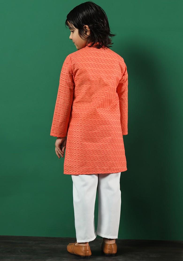 Orange Embroidered Cotton Kurta Set For Boys - Indya