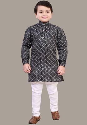 Black Embroidered Silk Kurta Set For Boys