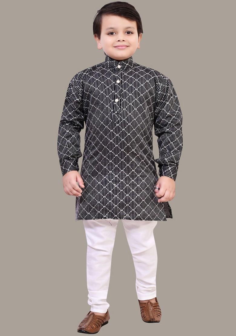 Black Embroidered Silk Kurta Set For Boys - Indya