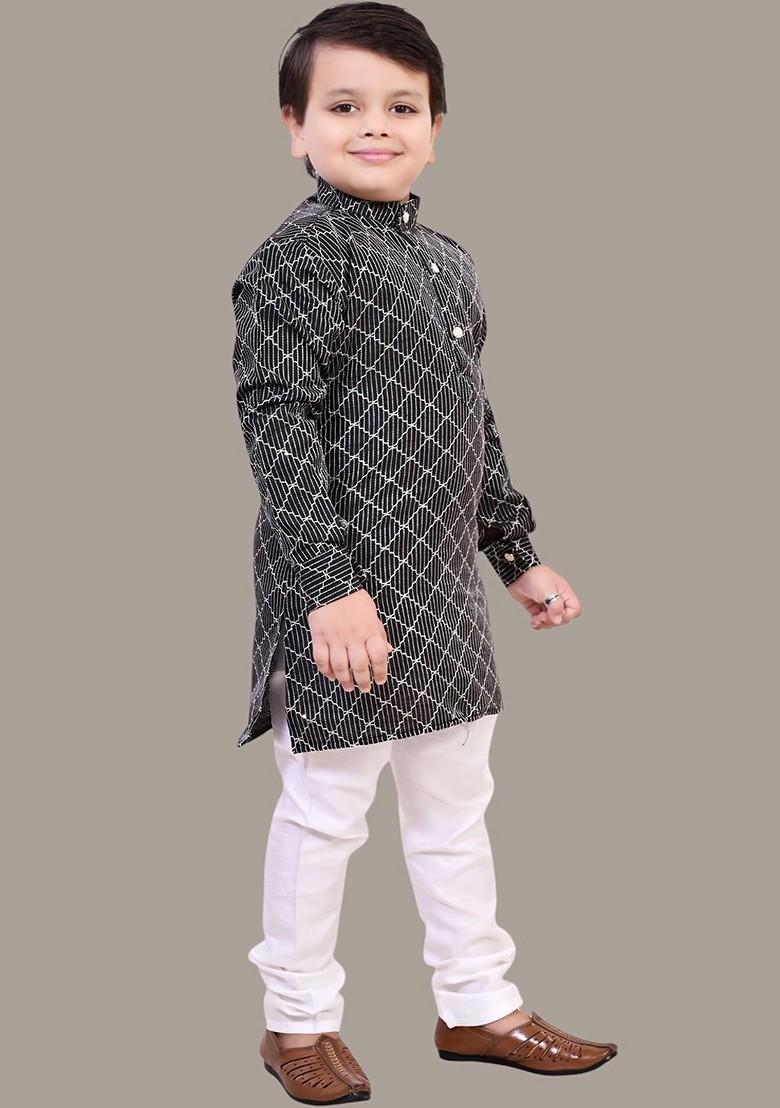 Black Embroidered Silk Kurta Set For Boys - Indya
