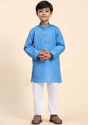 Blue Woven Design Cotton Kurta Set For Boys