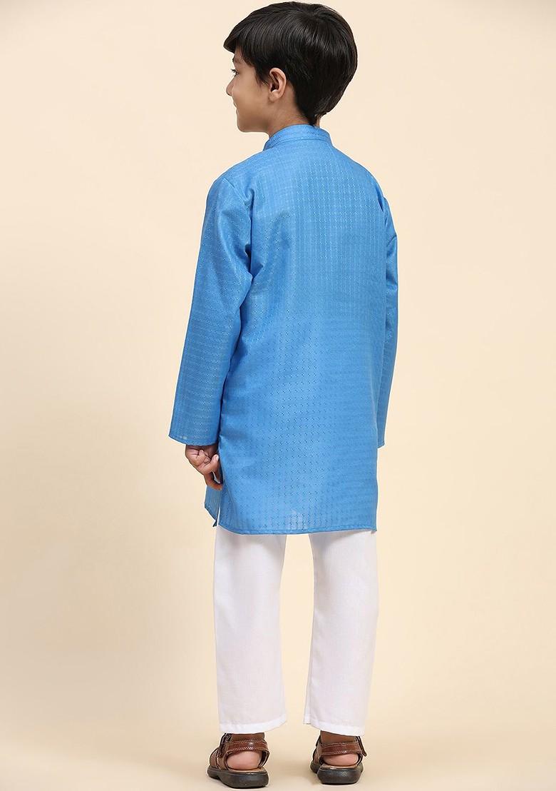 Blue Woven Design Cotton Kurta Set For Boys - Indya