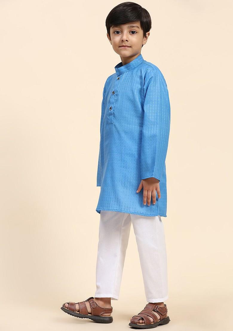 Blue Woven Design Cotton Kurta Set For Boys - Indya